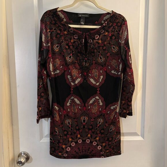 INC Black and Red Patterned beaded Blouse Sz XL - Picture 3 of 5